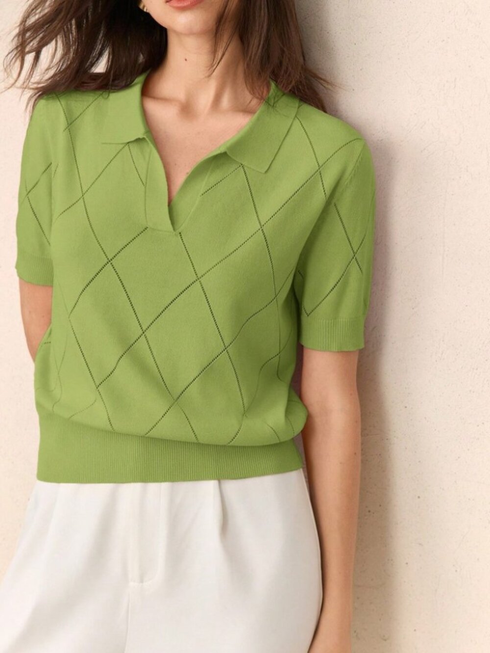 Green Pointelle Knit Polo Top with Collared V-Neck